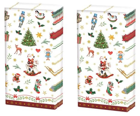 20 einzelne Taschentücher Weihnachten Kleine Weihnachtssymbole rot. 2 Packungen mit 10 einzelnen Papiertaschentücher bedruckt als Geschenk.