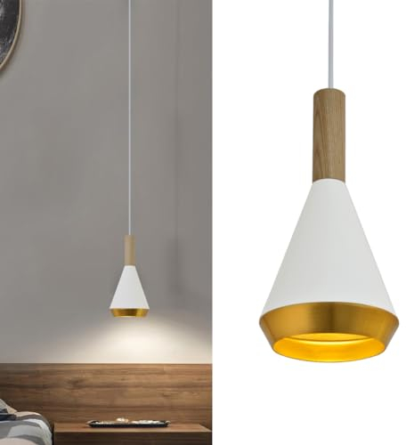 ouglres Pendelleuchte Metall Weiß Gold,Einflammig Vintage Holz Hängelampe Höhenverstellbar,Kücheninsel Hängeleuchte Industrial E27 Für Esstisch Schlafzimmer Flur Wohnzimmer Bar Restaurant Cafe