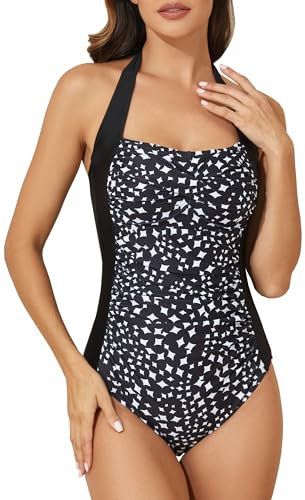 Smismivo Maillot de Bain Une pièce pour Femme Le contrôle du Ventre Push up Maillot de Bain Femme 1 Pieces Amincissante Slim Elégant Vintage Ruché Effet Halter Rembourré Swimsuit Rouge