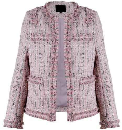Leyoutx Damen Kragenloser Plaid Tweed Blazer Elegant Open Front Fransen Casual Business Glitzer Jacke, Pink, M