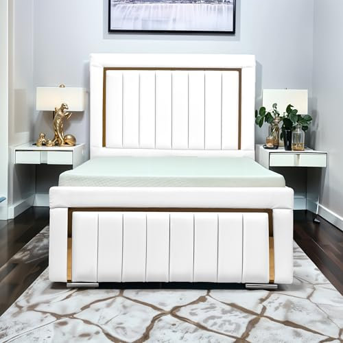 Living Comfort Bedz - Princess Bed - Plush Velvet Headboard & Footboard - Solid Black Board Base Option - Elegant, Comfortable & Luxury Bed (White, 4ft 6 Double No Storage With Black Board Base)