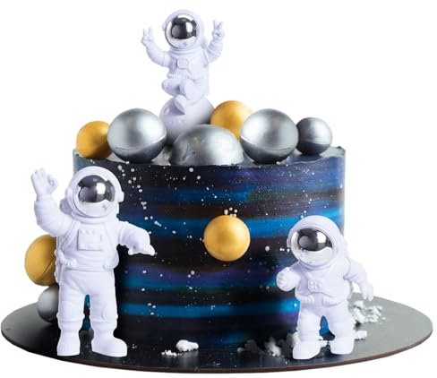 TAHUAON Space Cake Topper Set Astronaut Ornaments Space Cake Decoration Astronaut Figures Toys Spaceman Statues Model for Cake Decorating Kit Space Theme Birthday Party Home Desktop Car(Silver)