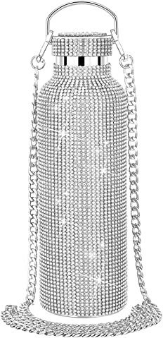 JUCHRZEY Diamant Wasserflasche, Bling 304 Edelstahl Thermosflasche mit Kette, Auslaufsicherem Strass Diamant Isolierflasche, Glitzerndes Diamantglas