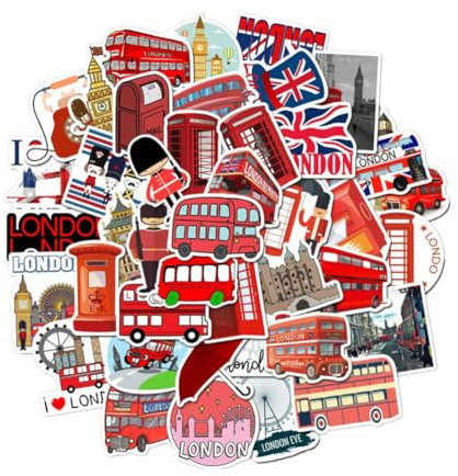YKKJ London Bus Aufkleber Rote London Bus Sticker Set 50 Stück reise aufkleber Deko Stickers für Laptop Skateboard Fahrrad Moped Motorrad Fahrrad Computer,Geeignet für Erwachsene Kinder