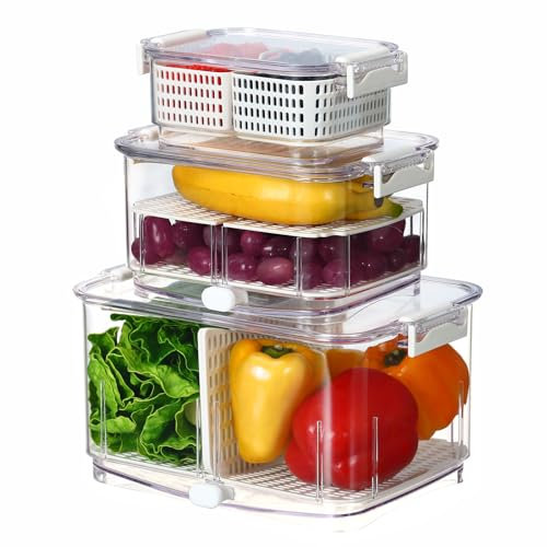 Felli Duo Fresh Produce Saver, ALL IN ONE Fridge Fruit Vegetable Container for Wash & Store with Vent & Drain Trays, Colander Strainer Bin for Refrigerator, Watermelon Berry Storage Keeper, Gifts