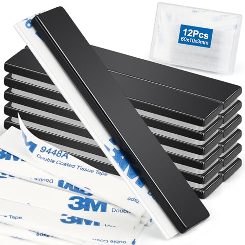 Wzone Imanes de neodimio autoadhesivos, fuertes, 60 × 10 × 3 mm, 12 unidades, planos, color negro, para oficinas, tablas de madera y paredes