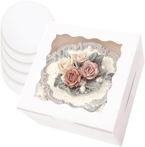 Gcardist 20,3x20,3x12,7cm Kuchenbox, 5 Sets Weiße Tortenkarton mit Fenster & 5 Sets 20,3cm Weiße Kuchenrunde Bretter, 20,3 cm Kuchenbehälter (8x8x5 inch)