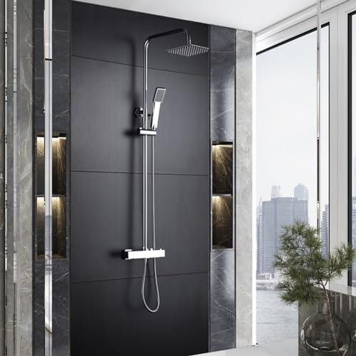 IMEX - Columna Ducha Termostatica con Grifo | Conjunto de Ducha con Alcachofa y Rociador Antical Efecto Lluvia | Griferia en Latón y Acero Inox S.304 con Barra Extensible | Serie Art | Color Cromado