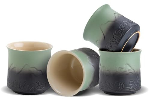 ZENS Japanese Tea Cups Set of 4, 240ml Gradient Embossed Asian Tea Cups, Handle-Less, Moss Green