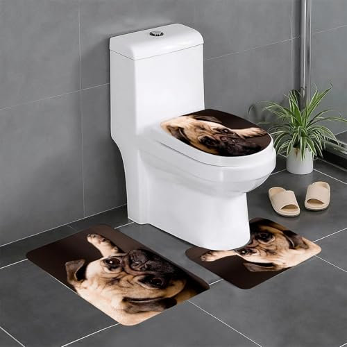 EYLOZS Badezimmerteppich Set 3 Teilig Waschbar rutschfeste Badematte Toilettenmatte Weich Saugfähige Badteppiche,EIN süßer Mops mit traurigem, flachem Gesicht