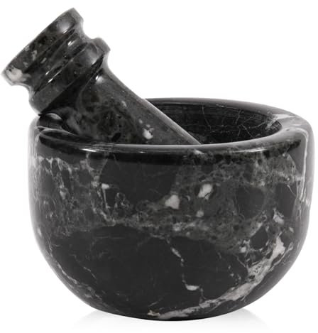 Set di mortaio e pestello in marmo, 7,6 cm, nero, fatto a mano, tritaglio e macina erbe, ciotola in pietra, piccolo macinino per spezie, pestello e mortaio per cucina, ciotola in marmo naturale