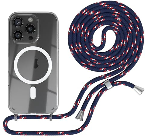 EAZY CASE - Handykette kompatibel mit iPhone 16 Pro Kette zum Umhängen Stoßfest Handyhülle für Apple iPhone 16 Pro Silikon Hülle mit Band Handytasche Transparent als Fallschutz in Navy Camouflage