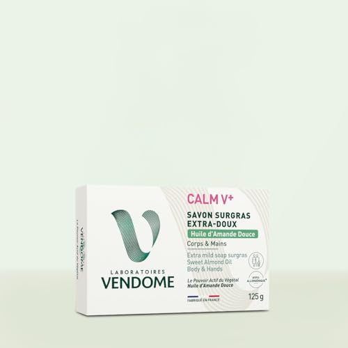 LABORATOIRES VENDÔME - CALM V+ - Savon Surgras Extra-Doux Amande Douce - Nettoie & Laisse La Peau Douce - Formule Hypoallergénique - Enrichi En Huile D'Olive - Tous Types De Peaux - 125g