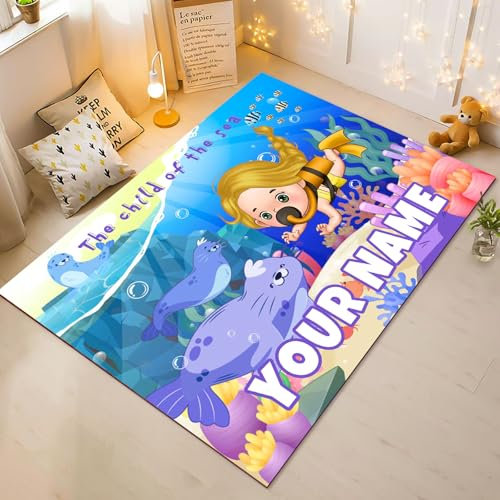 WEQEER Personalisiert Teppiche mit Namen, Unterwasserwelt Teppich Cartoon Marine Tiere Kinderteppich Jungen Mädchen Schlafzimmer Flanell Teppich kurzflor Spielteppich (1,80x120cm)