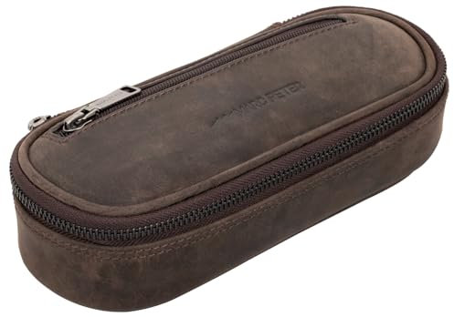 Marc Peter® Vintage Leder Federmäppchen Etui aus Leder mit YKK Reißverschluss, Federmappe für Stifte, Federtasche für Jungen und Mädchen Kohle