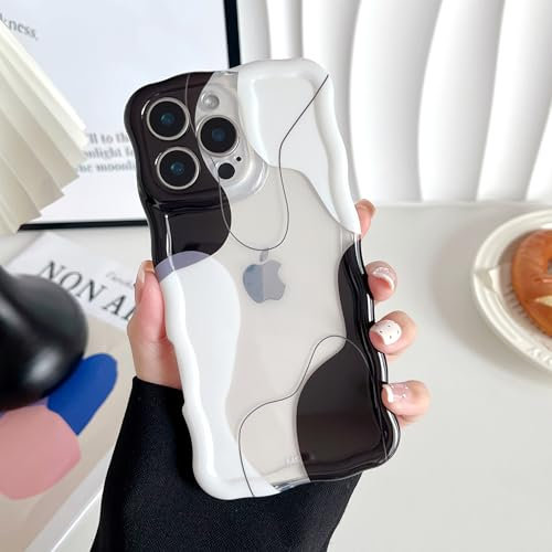 DEFBSC Compatible with iPhone 16 Pro Case, Cute Wavy Curly Shape Colour Mix Aesthetic Design Durable Stylish Shockproof Full Camera Protection Clear Phone Cover for Girls Women - Black