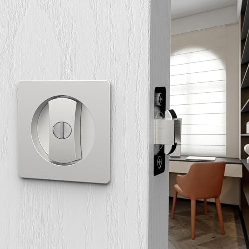 Pocket Door Lock,Privacy Square Pocket Door Hardware,Invisible Sliding Door Lock Keyless(2-3/8 Backset),Flush Pocket Door Locks (Brushed Nickel Square)