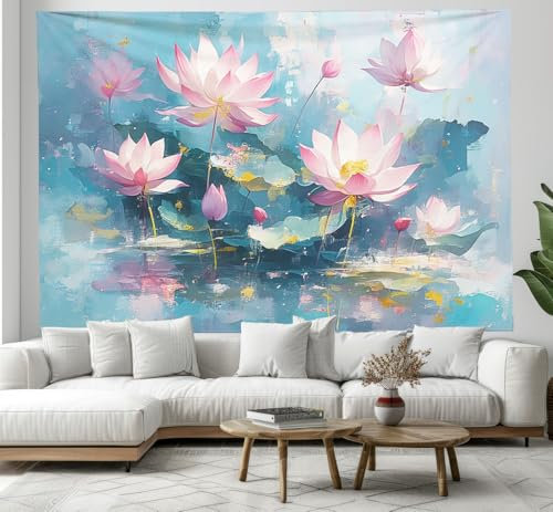 3D Effet Lotus Peinture À L'Huile Tapisserie Art textile Mural Tapisserie Murales, Plante Floral Murale En Tissu décoratif Pour Chambre À Coucher, 180×230cm Art textile mural, Nappes Tapisseries