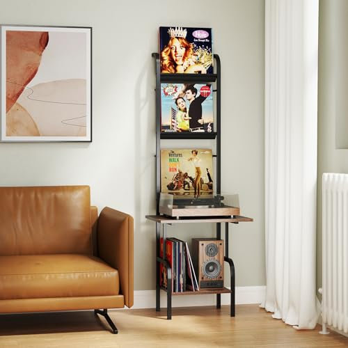 RELAX4LIFE Supporto per Giradischi, Scaffale Esposizione Vinili a 5 Livelli, Telaio in Metallo, Supporto per Giradischi con Porta Vinili, 50 x 51 x 145 cm (Industriale)