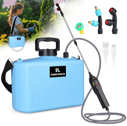9L Pulverizador Eléctrico, Pulverizador Jardín Potente con 3 Boquillas, 2 Velocidades, Pulverizadors Recargable con Varilla Retráctil Ideal para Césped, Jardín, Patio