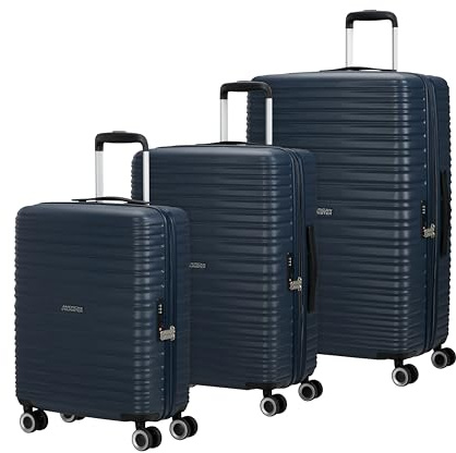 American Tourister Aerotech – 3-teiliges Hartschalen Kofferset (Handgepäck, Mittel, Groß), Erweiterbar, Trolley-Set mit TSA-Schloss - Blau (Metallic Navy)