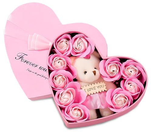 YUPDFGB - Scatola di Rose Artificiali, Orsacchiotto con Scatola Regalo di Rose, Scatola Regalo di Fiori di Sapone, Rose Artificiali, Fiori Finti, Regali Romantici di Rose Per Sempre, Regali per la