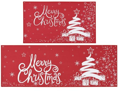 Rutschfeste Weihnachts-Küchenläufer 2er Set – Flachsähnliche, waschbare Küchenteppiche mit Tannenbaum-Motiv – Langlebig & pflegeleicht – Für Zuhause & Bad – Rot – 40x60cm + 40x120cm – Deutschland