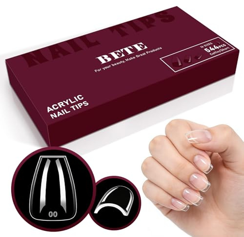 BETE Short Coffin Nail Tips, 544Pcs 16 Sizes, Clear Acrylic Full Cover False Nails, Pre-Shaped, Strong & Thick, Long Lasting Press on Nails for DIY at Home & Salon