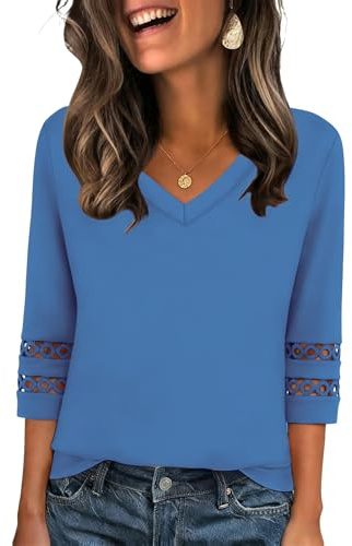 Zeagoo 3/4 Sleeve Top for Women Summer Loose Blouses V Neck Casual Tunic Tops Crochet Shirt Dressy Office Wear Lake Blue L