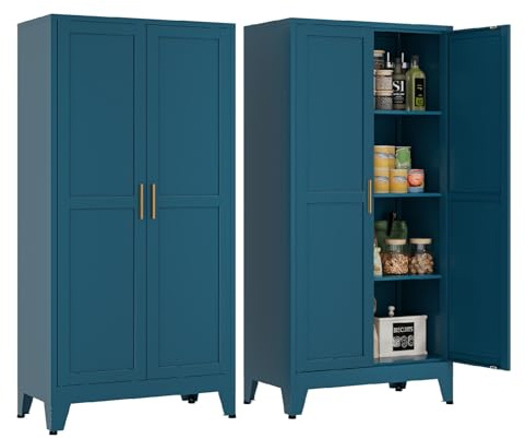 MetaCate lnov Mehrzweckschrank 70 cm Breit, Küchenschrank mit 2 Türen, Verstellbarer 4-Stufiger Metallschrank, Vorratsschrank, Allzweckschrank, für Küche, Esszimmer, Wohnzimmer und Homeoffice-Blau-C