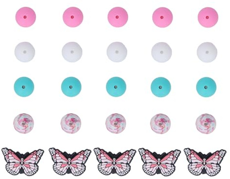 20 perles rondes et 5 perles papillon en silicone, kit de bricolage DIY, ensemble de perles colorées douces et non décolorantes pour fabriquer des colliers, bracelets, porte-clés e
