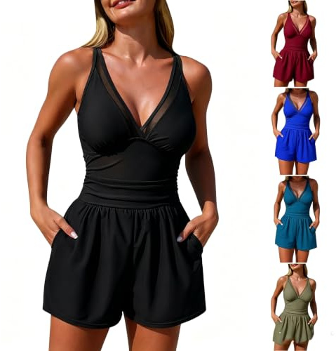 Women's One Piece Swimsuit V Neck Swimming Costume with Shorts Zipper Up Modest Mesh Panel Swimming Suits Athletic Surfing Swimwear Slim Fit Tummy Control Bathing Suit with Pockets Black