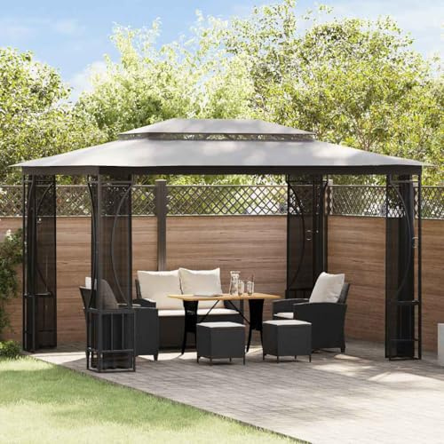 Massbinet Pavillon mit Netz Wasserdicht Stabil Winterfest Garten Pavillion mit seitenwänden Plane Gartenlaube Metallrahmen Patio Gazebo Insektenschutzmittel 300x400x265 cm Anthrazit