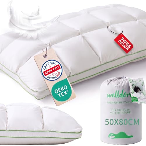 Welldora Premium Kopfkissen 50x80, 100% Daunenfasern & Federn, mittelfest | Puffwolken-Design für höchsten Komfort | Seiten- & Rückenschläfer | Oeko-Tex | Dermatest Sehr gut | Schweizer Marke