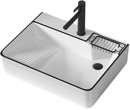 Lavatoio Ceramicacon Kit di Scarico, Asse per Lavare Integrato, Lavabo da Appoggio, per Lavanderia, Balcone(Black,590x450x155mm)