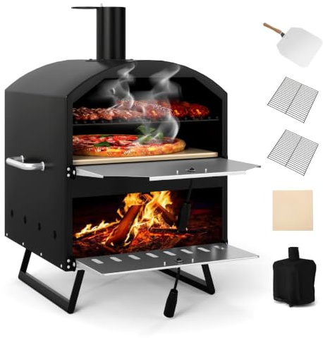 Horno de pizza exterior grande 61 x 53 x 83 cm cocción rápida doble capa de metal negro 20_0012131
