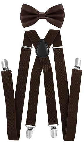 axy® Hochwertige Herren Hosenträger mit Fliege - 4 Starken Clips X-Form (Braun (Hosenträger Breit 2,5cm))