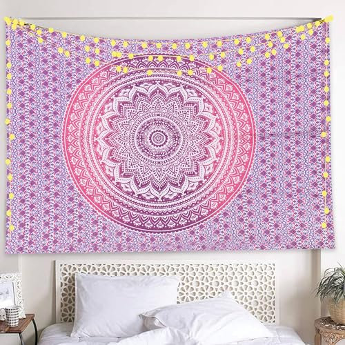 THE ART BOX Indie Wandteppich Baumwolle Mandala Wandbehang Deko Teppich Aesthetic Room Decor Dekoration Wandtuch/Strandtuch Wohnzimmer Indische Tücher Schlafzimmer, Rosa und Weiß, 135x210 Cm