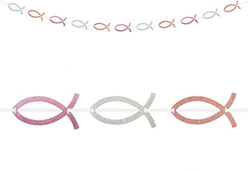 Oblique Unique® Fisch Girlande Silber Rosa Lachsfarben Glitzernd für Kommunion Taufe Konfirmation Hochzeit Feier Dekoration