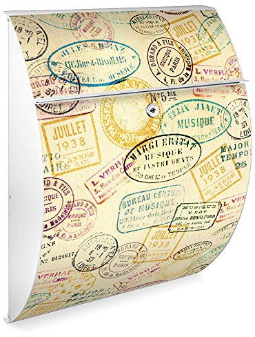 Burg Wächter Design Briefkasten | Modell Riviera 46cmx33,5cmx13cm groß | verzinkter Stahl Weiß | Postkasten mit Öffnungsstopp, großer A4 Einwurf, Zylinderschloss, 2 Schlüssel | Motiv Stempel