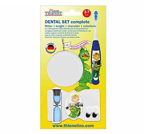 Thienel Dental e.K. Kinderzahnbürste Set, Blau, Mit Zahnputzuhr (2,5 min), 1x Zahnbürste, 1x Becher