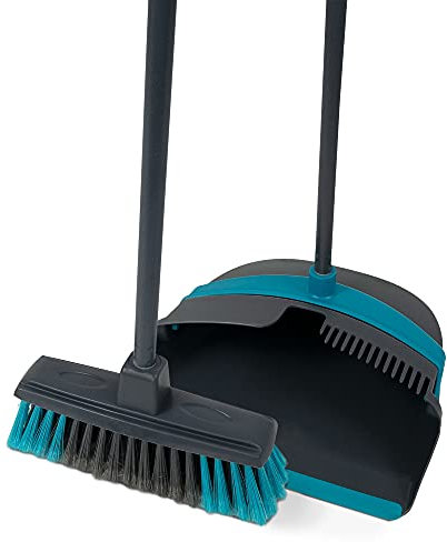 Vani Kehrgarnitur mit langem Stiel, Besen & Kehr-Schaufel - Kehr-Set mit Gummilippe & Kamm-Verzahnung - Entfernt Schmutz, Staub & Krümel - Türkis Grau