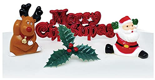 Anniversary House 4pcs Cheerful Scene Kit Toppers, Yule Log, Traditional Christmas Cake Decorations,BX352, Multi-Colour