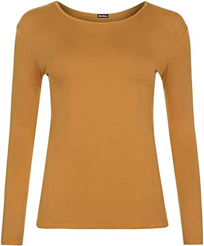 Women Long Sleeve T-Shirt Top Basic Casual Plain Stretch Vest Body Blouse Tee Layering, M/L 12-14, Mustard
