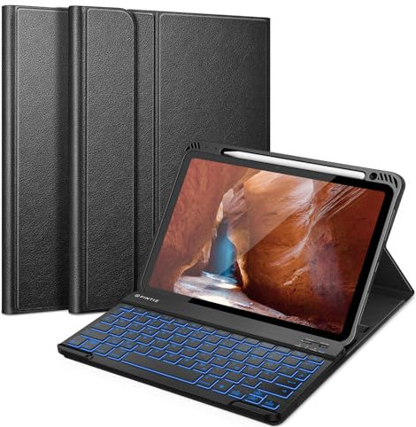 FINTIE Tastatur Hülle für iPad Air 11 Zoll 2025/2024 (M3/M2), iPad Air 5 2022/ Air 4 10.9 - 7 Farben Beleuchtete Abnehmbare QWERTZ Keyboard, TPU Rückseite Schutzhülle mit Stifthalter, Schwarz