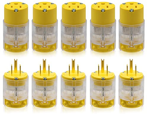 ELEGRP Beleuchtetes elektrisches Stecker- und Stecker-Set, gerade Klinge, 15 A, 125 V, NEMA 5-15P, NEMA 5-15R, 2-polig, 3-Draht-Erdung, handelsübliche Qualität, Gelb, 1 Set