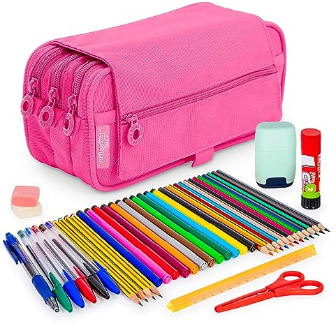 PracticDomus ColePack – Federmäppchen für die Schule, 3 Fächer, dreifaches Mäppchen mit erstklassigem Material, Dreifach Limette, Schultaschen (Fuchsie)