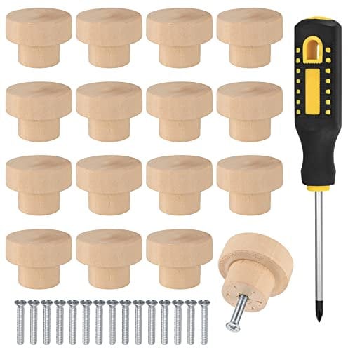 Vwoqiy 16 Stück Holz Möbelknöpfe, 35mm Tür Schubladengriffe, Schrank Knöpfe, Holzknöpfe für Kommode, Möbel, Schubladen, Schränke, Kleiderschränke Knöpfe Griffe, mit Schraubendreher