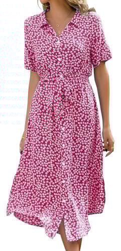 Livonmone Vestido de verano con estampado floral para mujer, vestido casual de manga corta, vestido midi con cuello en V, vestido de playa, vestido de fiesta elegante con cinturón (rojo rosa, L), Rosa