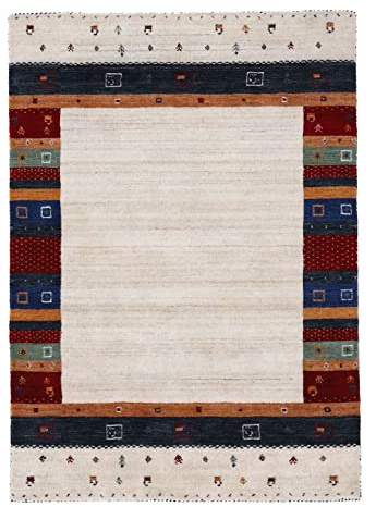 carpetfine Wollteppich Gabbeh Nura Beige 140x200 cm | Moderner Teppich für Wohn- und Schlafzimmer